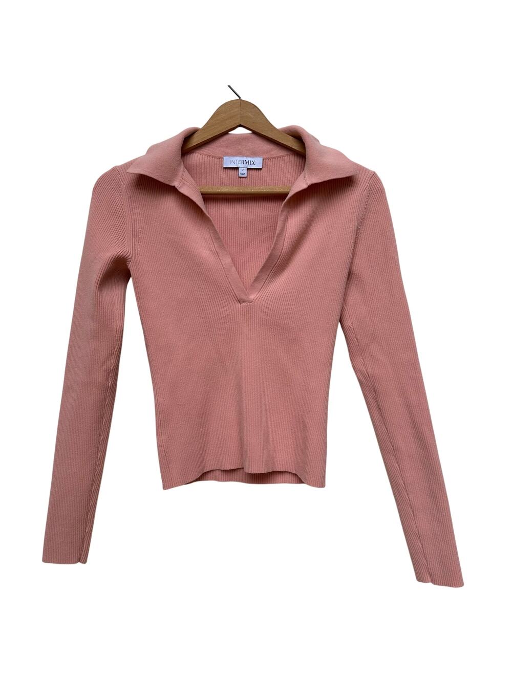 Intermix Pink Ribbed Knit Collared V-Neck Long Sleeve Top Size P (Small)